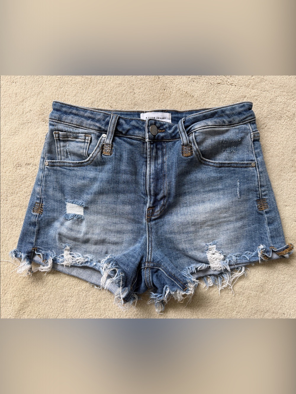 Risen High-Rise Frayed Hem Distressed Denim Shorts - Blue